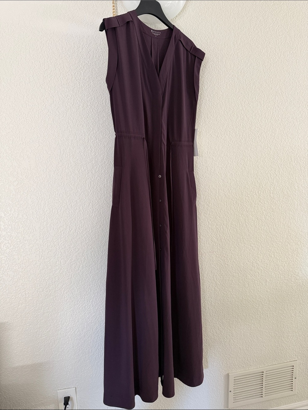 NWT Athleta Mara Maxi Dress Button Down Wild Raisin Purple Travel Pockets Small
